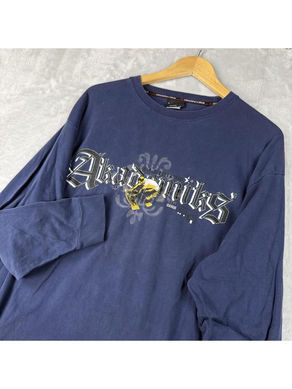 Y2K Akademiks Long Sleeve Graphic T Shirt Men L Blue Streetwear Hip Hop Logo Tee